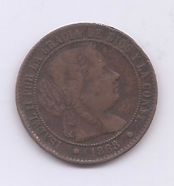 ESPAÑA ISABEL II DEL AÑO 1868 2 1/2 CENTIMOS DE ESCUDO